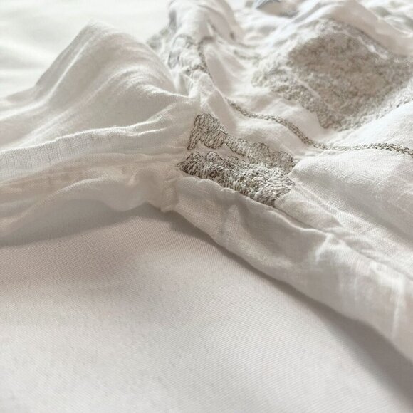 120% LINO WHITE LINEN SILVER GREY MEDALLION PRINT V-NECKLINE SHIFT TUNIC DRESS - Picture 9 of 12